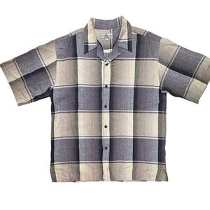 Smokey‎ Joe's Mens XL Linen Blend Ombre Plaid Camp Shirt Blue Grey Short Sleeve